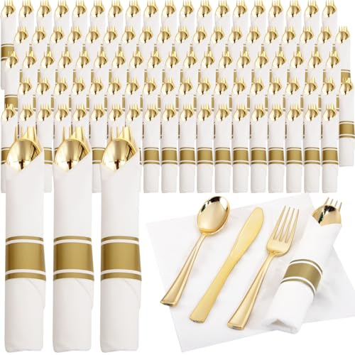 Supernal 120Pack Gold Plastic Silverware Wrapped Plastic Cutlery Set with Napkin,Pre Rolled Napkins with Cutlery Set,Rolled Silverware Disposable For Valentine's Day Mother's Day and Easter