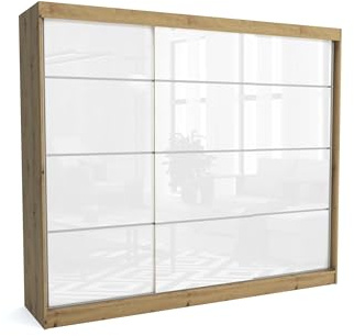 Brent - Kleiderschrank mit Schiebetüren July, 250cm Breit, Schlafzimmerschrank mit 1 Kleiderstange und Einlegeböden für Kleidung, Kleiderschrank Artisan Eiche/Weiß Hochglanz