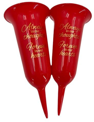 Set of 2 Football Red Forever in Our Hearts Fluted Spiked Memorial Grave Flower Vases