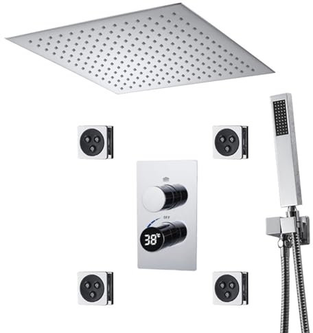 SWHC Duschsystem Unterputz Duscharmatur Set Digitale Anzeige Dusche Regendusche Set 3 Funktionen Messing Duschgarnitur mit Regendusche 30 * 30cm, Handbrause, 4PCS Seitenbrause