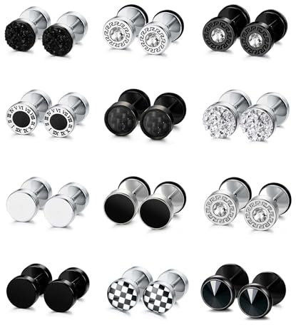 JeweBella 12 Paar Fake Plugs Ohrringe Herren Männer Edelstahl Silber Schwarz Set - Fake Tunnel, Runde Schraube, Barbell Ohrstöpsel, Faux Gauges für Damen 8MM