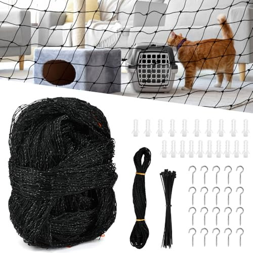 HEKOBAG Katzennetz für Balkon 4x3m Katzenschutznetz ohne Bohren Balkonnetz Katzen Drahtverstärkt Schutznetz Katze Balkon Haustier Netz mit Befestigungsseil und Zubehör für Terrassen Treppe (Schwarz)
