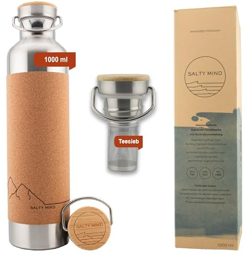 Salty Mind Edelstahl Trinkflasche 1000ml + Teesieb - Nachhaltige, isolierte Thermo Wasserflasche Edelstahl auslaufsicher - Iso Flasche ohne Schadstoffe, BPA frei - Thermotrinkflasche (Berge-Gravur)
