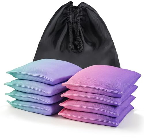 Iheqard Cornhole Bags Wetterbeständige Cornhole Bags mit Farbverlauf, Cornhole Bean Bags, modifizierte Größe, Cornhole Bags für Wurfspiel, inklusive Tragetasche (lila, rosa und blaucyan), 8 Stück