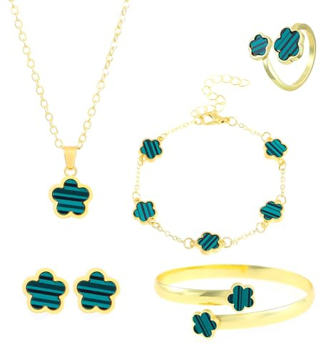 FDEETY Schmuck Set Glückliches Fünfblättriges Kleeblatt Legierung Schmuckset 5 Pcs Ring Ohrringe Armbänder Halskette ideal für Geschenke Besondere Anlässe und Frauen（Weiß）
