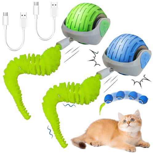 Interaktives Katzenspielzeug und Spielball Mit Schwanz - 360-Grad Automatischer Ball, Elektrisches Spielzeug für Indoor-Katzen, Blau und Grün