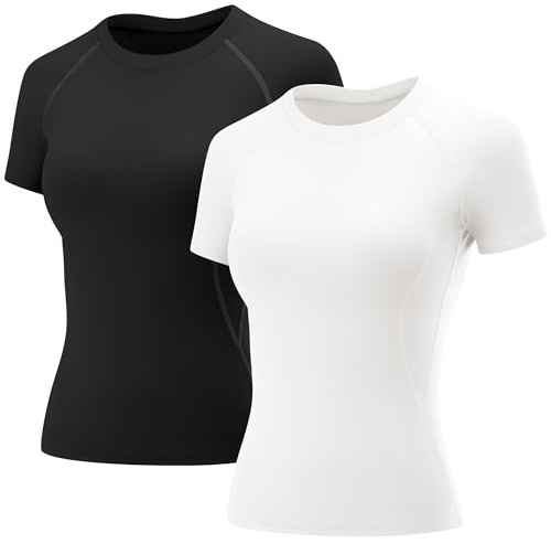 Rapbin Gym Toppar för kvinnor träning löpning yoga sport skjortor kort långärmad atletisk träning snabbtorkande andningsbar t-shirt, B1_2 Pack_Svart- & Vit_Kortärmad, S