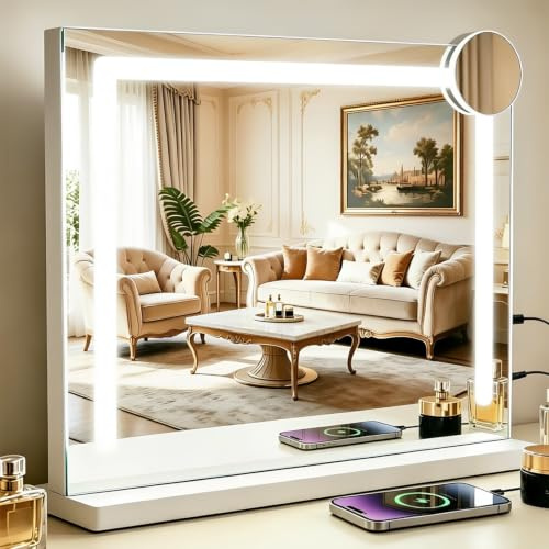 Mursche Hollywood Schminkspiegel mit Beleuchtung - 50x40cm Dimmbare LED Spiegel mit 3 Farblichtmodi, 5 Facher Vergrößerung Spiegel, USB Anschluss für Schlafzimmer, Ankleidezimmer