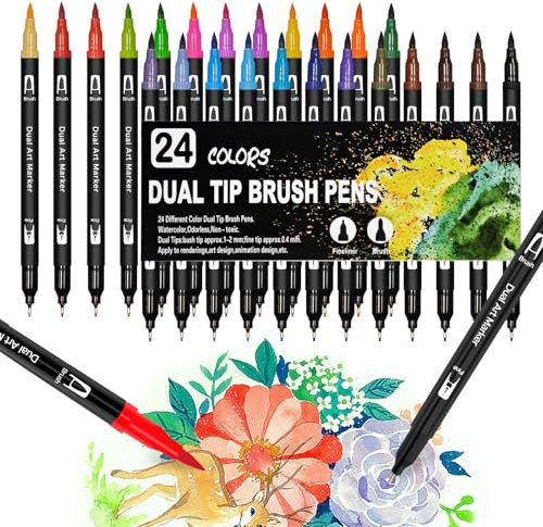 Bukuhlio Dual Brush Pen Set 24 Farben, Filzstifte Dicke und Dünne, Pinselstifte set, Manga Stifte, Kalligraphie Stifte Set für Aquarell Handlettering Bullet Journal, Malbücher und Handlettering