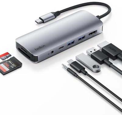 Belkin Hub USB-C, adaptador multipuerto 7 en 1, estación de acoplamiento USB con HDMI 4K, puerto USB-C PD 3.0, 2 puertos USB-A 3.1, ranuras para tarjetas SD y microSD y conector de audio de 3.5 mm