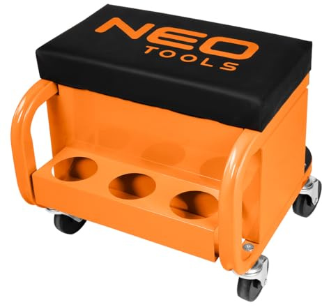 NEO TOOLS Tabouret d'atelier avec plateau 38 x 39 x 37 cm avec roulettes - Chariot d'atelier - Siège roulant - Siège d'atelier mobile avec 4 roulettes et 3 étagères
