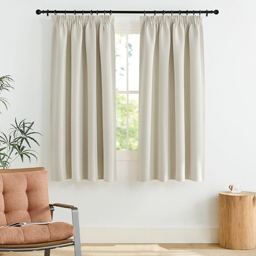 PONY DANCE Verdunkelnde Gardinen für Schiene Thermovorhang Hitzeschutz | 160 cm Lang, Blickdicht, mit Kräuselband, Sichtschutz, UV-Schutz, Kurz, für Schlafzimmer Wohnzimmer, 2er Set, Hellbeige