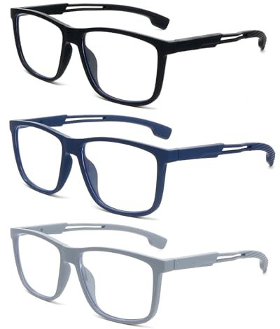 KoKoBin Occhiali da lettura alla moda per uomini e donne, ultra leggeri e flessibili con lettori anti luce blu e cerniera a molla (3 Pack（Nero, Blu, Grigio）, 1.5, Diottria)