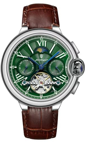W WOLF-CUB Mode herr Tourbillon klockor automatisk mekanisk armbandsur multifunktionell vattentät sport manlig klocka män vardaglig affärsklocka, Brun och grön, Modern, modern