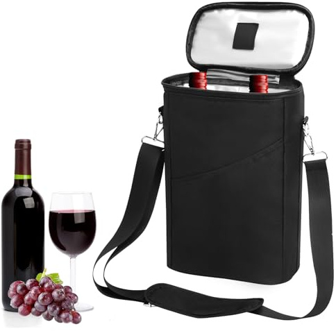 Isolierte Weintragetasche für 2 Flaschen, Auslaufsicher, Gepolstert, Wein Kühltasche mit Schultergurt und Griff, Isolierte Weinkühltasche, Tragbarer Champagner Bier Kühler für Picknick, Party, Strand