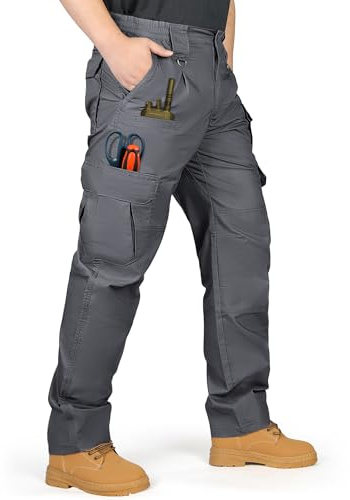 IGOLUMON Mens Work Trousers Cargo Trousers Stretch Tactical Pants Multi-Pockets with Semi Elasticated Waist for Hiking Casual Outdoor Camping Gray 34W/30L