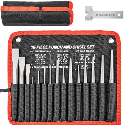 Jiimee 16 Pcs Punch and Chisel Set, Including Taper Punch, Center Punch, Pin Punch, Cold Chisels and Chisel Gauge for Mechanic and Metalworking