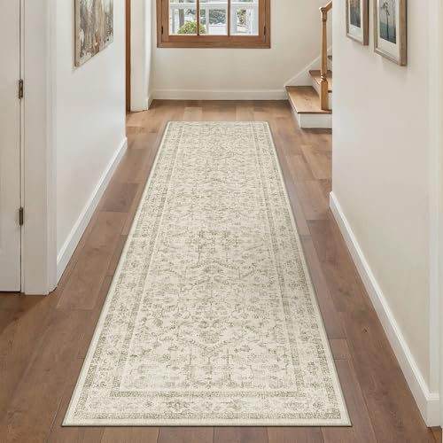PureCozy Vintage Beige Teppich Flur Läufer 60x240cm Teppichläufer Boho Waschbarer Carpet Weich rutschfest Lang Teppiche Küche Schlafzimmer Bettvorleger Büro Kurzflor Tepich