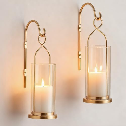 Walasis Gold Candle Sconces Wall Decor: Set of 2 Wall Candle Holder for Pillar Candles - Modern Metal Hurricane Lantern Decoration for Indoor Porch Fireplace Bathroom Living Room