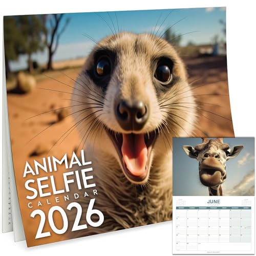 Calendario 2026 del Reino Unido – Divertido calendario de pared de selfies de animales 2026 para niños y adultos – Divertida selfie de animales, organizador familiar, planificador de pared, idea de