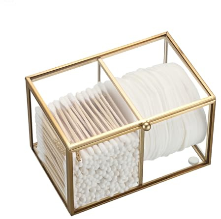 SUMTree Gold Wattestäbchen Behälter, Glas Wattepadspender Schminktisch Deko | 2 Fächern Wattepads Organizer, Make Up Box für Badezimmer, Wohnzimmer Vintage Glasbehälter mit Deckel für Kosmetik, Schmuck