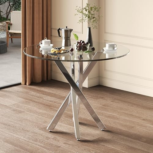 Merax runder Esstisch 80x80x75 cm, moderner Glastisch mit gehärteter Glasplatte, galvanisierte Metallbeine in Silber, Stabiler Küchentisch für 2–4 Personen, Kaffee und Freizeittisch, Silber