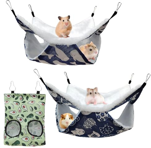 2PCS Pet Rat Hammock with Hay Feeder,Double-Layer Rat Cage Accessories,Guinea Pig Hammock,Small Animal Hanging Beds,Double Sided Use,for Guinea Pig Parrot,Ferret,Squirrel,Hamster Playing Sleeping
