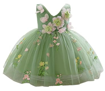 YOOJIA Klänning bankett födelsedag baby flicka bröllop party prinsessa kjol ärmlösa klänningar med V-ringning broderi blommor 3D-tyllklänningar 3–18 år, Färg: grön, 18-24 mois
