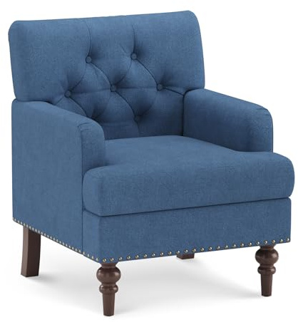MALOL Upholstered Accent Chair with Thick Cushion, High Back Reading Chair, Linen Blend Armchair with Solid Rubberwood Legs for Living Room, Bedroom, Reading Nook, Apartment & Small Spaces,Blue