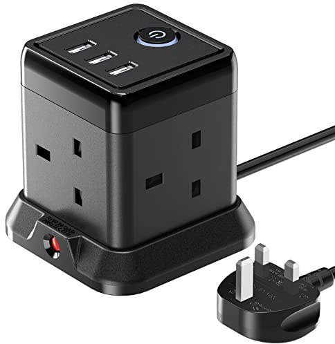 Hulker Cube Extension Lead 3m, 4 Way Plug Socket with Switch, Power Strip with 3 USB Ports, Compact 13A 3250W Extension Cable for Home Dorm Office (Black)