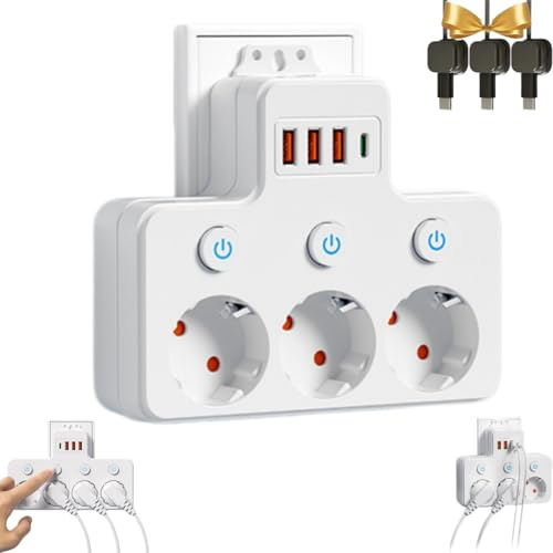 Intelligente Steckdosenleiste, Mehrfachsteckdose, Mehrfachsteckdose ohne Kabel, Einzelschalter, Multifunktionssteckdose, 3/4 Steckplätze + 1 Type-C + 3 USB-Ports (Steckdose (3-polig),Weiß)