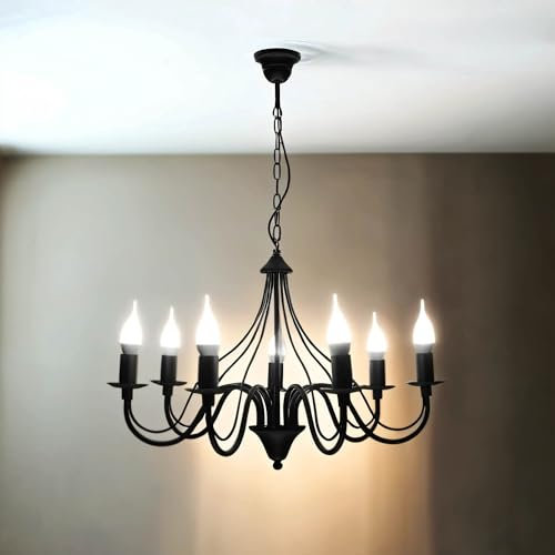 Licht-Erlebnisse Leuchtstarker Kronleuchter (7-flmg, Rustikal, in Schwarz) Landhauslampe Innenleuchte Dekoleuchte Hängeleuchte Pendelleuchte Lüster