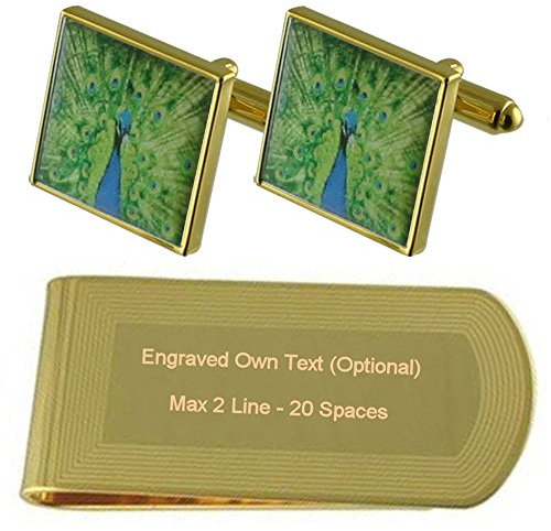 Select Gifts Pfau Vogel Gold-Manschettenknöpfe Geldscheinklammer Gravur Geschenkset