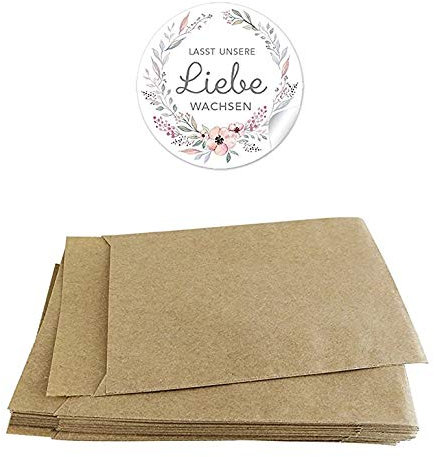 Blütensamen Tüten Set 24 Sticker Lasst unsere Liebe wachsen + 24 braune Flachbeutel - 63 x 93 mm Für Blüten Samen zur Hochzeit Aufkleber in PASTELL FARBEN mit Blumenkranz