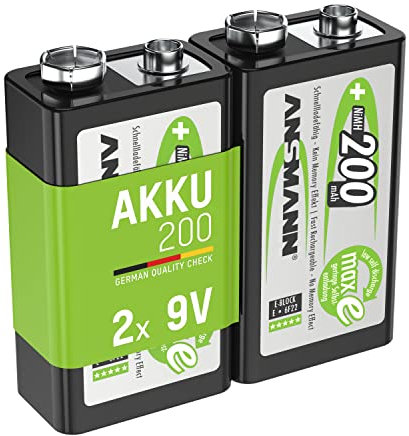 ANSMANN Batería de 9 V, 200 mAh, NiMH, 2 Unidades con Baja autodescarga, Pilas Recargables maxE con Alta Capacidad, batería de 9 V para medidor, multímetro, Juguete, Mando a Distancia, etc.