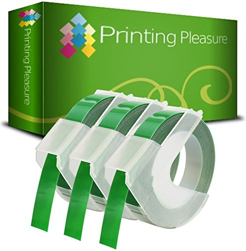 Printing Pleasure 3X Grün Prägebänd S0898160 Prägeetiketten für Dymo Junior S0717900 & Omega S0717930 Prägegeräte | 9mm x 3m | weißer Druck auf grünem Untergrund