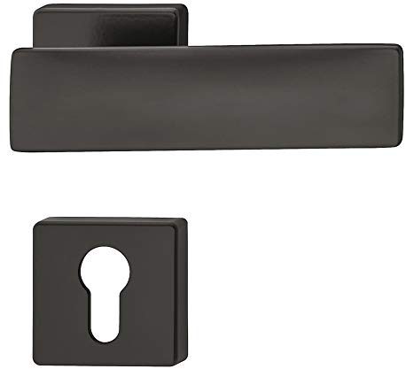 JUVA Drückergarnitur Messing Türbeschlag schwarz Türgriff Zimmertür - LDH 3225 | PZ - Zylinder | Drücker-Paar mit eckiger Rosette | 1 Set - Design Türdrücker-Garnitur für Innentüren mit Schrauben