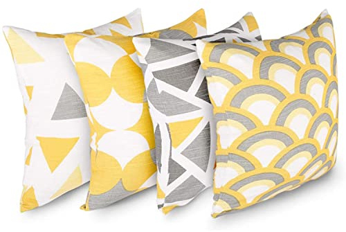 Penguin Home 4Er - Pack Dekorative Quadratische Kissen Aus Baumwolle, Luxuriöse, Stilvolle Für Wohnzimmer, Sofa, Schlafzimmer, Mit Unsichtbarem Reißverschluss, 45X45 cm (18 Inches), Gelb/Grau