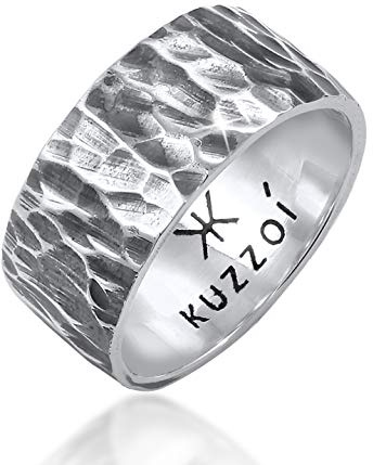 Kuzzoi Herrenring im Hammerschlag Design Bandring massiv 10 mm 925 Silber | Silberring gehämmert oxidiert Ring für Männer in der Ringgröße 60 - 66