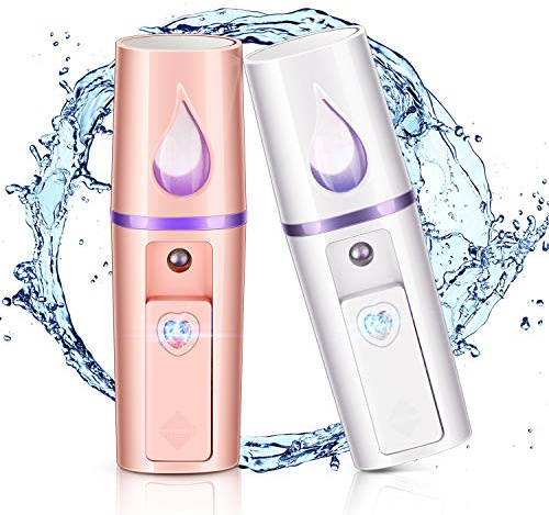 2 Stück Nano Gesichtsdampfer Tragbar Mini Gesicht Nebeldampfer Hand Gesichtsdampfer mit Spiegel Design Feuchtigkeitsspendend für Hautpflege, Makeup und Wimpern Verlängerung (Weiß, Rosa) | Tragbar Mini, Gesicht Nebeldampfer, Feuchtigkeitsspendend für Hautpflege, Makeup und Wimpern Verlängerung