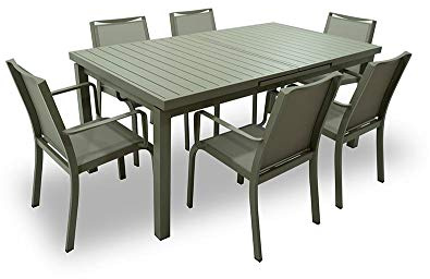 Gartenmöbel-Set mit 6 Stühlen für den Außenbereich, aus Aluminium, anthrazit, ausziehbar von 180 cm bis 240 cm und Sessel aus Aluminium, anthrazit