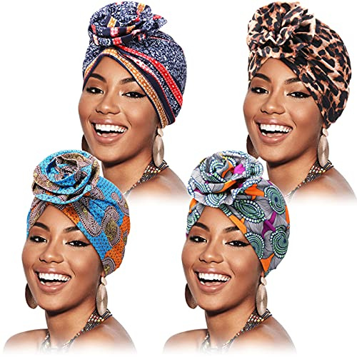 Syhood 4 Stücke Damen Blumen Turban Afrikanisch Muster Kopfbedeckung Turban