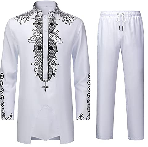YND Men’s 2 Piece Dashiki Set Long Sleeve African Shirt and Pants, Traditional Afro Outfit with Classic Gold Print, Tribal Pattern Suit for Weddings and Parties, White with Black