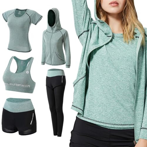 ODWTMRK Jogginganzug Damen Sport Set Sportbekleidung 5er-Set Trainingsanzug Yoga Kleidung Anzug Laufbekleidung Gym Fitness Set Kleidung(Grün-B,M)