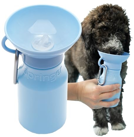Springer Dog Water Bottle | Portable Travel Water Bottle Dispenser For Dogs - As Seen on Shark Tank | Patented, Leak-Proof Bottles Fill Bowl With Water - Ideal for Walking | BPA-Free 15oz Blue
