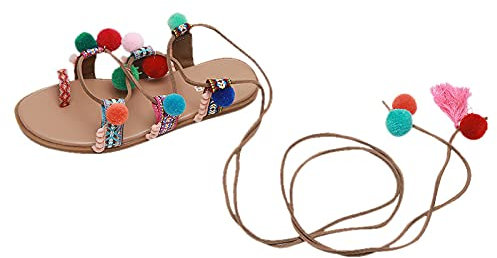 IQYU Flache Damenschuhe aus Leder mit Pompon-Schnürsandalen im böhmischen Ethno-Stil flache Schnürsandalen