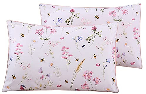 Styho 100% Egyptian Cotton Floral Printed Pillow Cases 2 Pack Standard Size Pillow Cover for Hair and Skin(Pink-White,50 x 75cm)