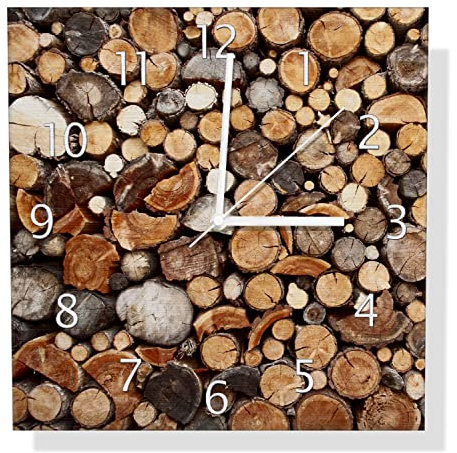 Wallario Design Wanduhr Dunkler Holzstapel rund aus Aluverbund, Alu-Uhr Größe 30 x 30 cm, weiße Zeiger mit Metalloptik