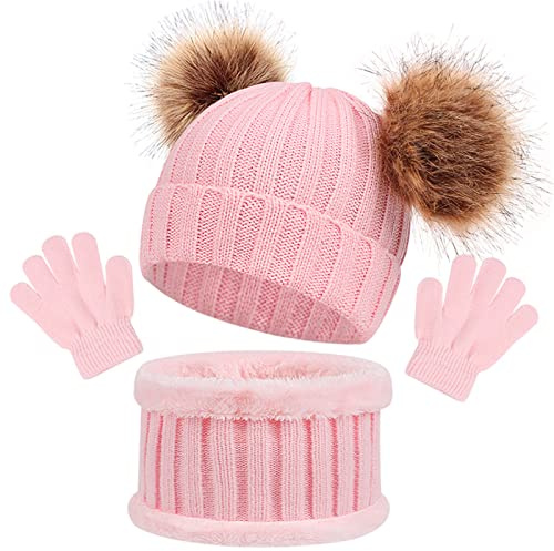 Bonnet Chaud écharpe Gants Ensemble D'Enfant Trois Pièces, Enfant Hiver Tricoté Tour de Cou Chaud Bébé Gants Bonnet, Hiver Accessoires Ensemble Set de 3 Pièces, pour Fille Garçon 1-6 Ans (Rose)