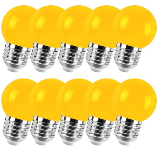 Jiotouhu 10er E27 Farbige Glühbirne, 2W G45 Farbige Glühbirnen, Globe Lichterkette bunt, Innen- Außen Lichterkette glühbirne, Weihnachtsbeleuchtung für Weihnachten Hochzeit Party Weihnachtsbaum, Gelb